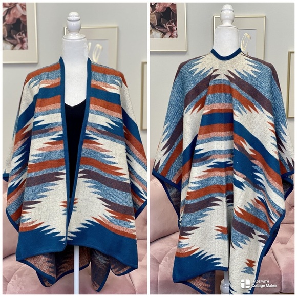 Boutique Boho Western Azteca Poncho Shaw One Size - Picture 1 of 5